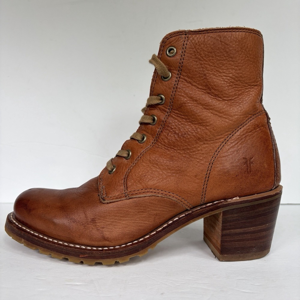 Vintage Frye Sabrina 6G Lace Up Boot 7.5 Saddle Leather Made USA Vibram Lug Heel - Picture 7 of 16